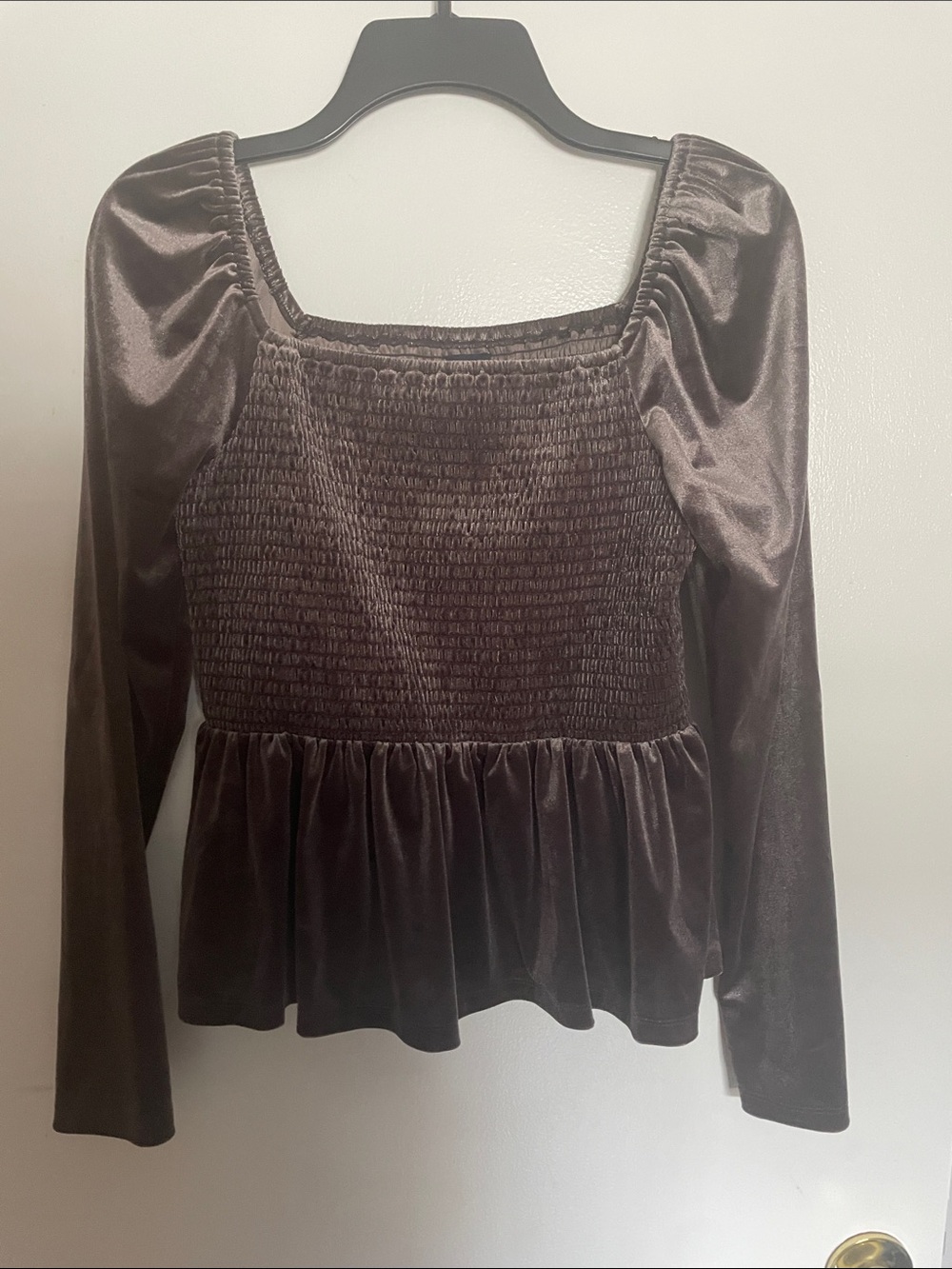 GAP Dark Brown Velvet Smocked Peplum Long-Sleeve Top
